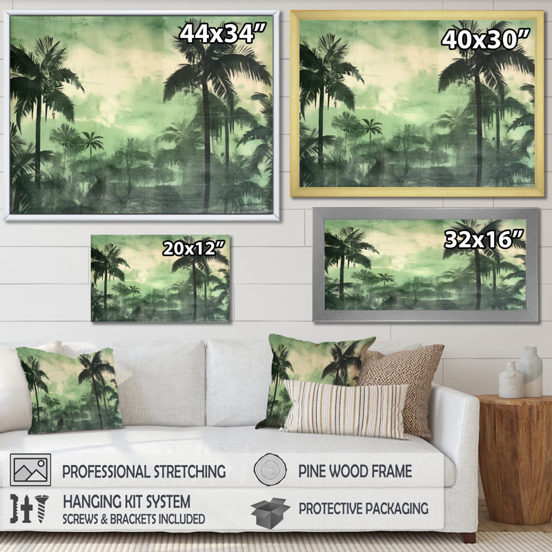 Palmier monochrome II sur toile, Cadre simple noir, H 24 po x l 32 po x P 1 po