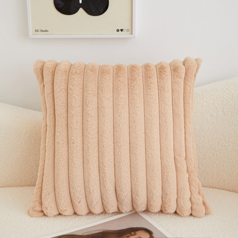 Beige Fluffy Solid Color Throw Pillow FULL set Cover and insert Square size 18"x18", Beige