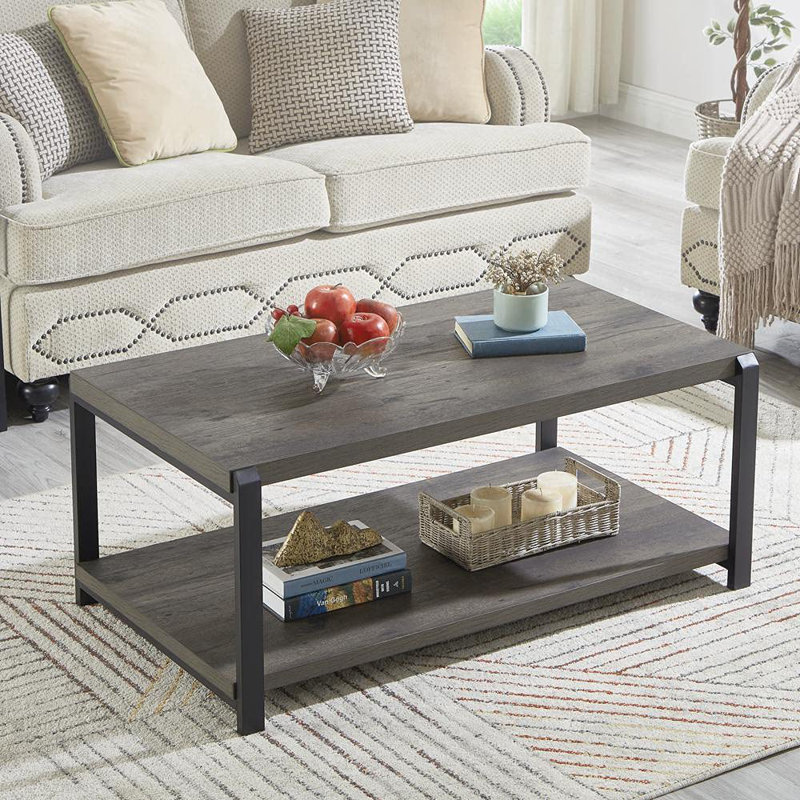 Rustic Grey Wood and Black Metal Coffee Table with Storage Shelves