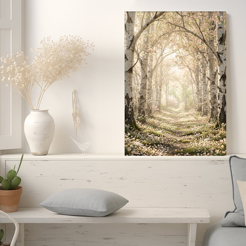 «Misty Morning Path Through White Birch Trees with Pink Blossoms», art mural sur toile, H 36 po x l 24 po