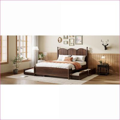 Grand lit plateforme en pin avec 2 tiroirs Lit gigogne simple TG, noyer pour petits espaces