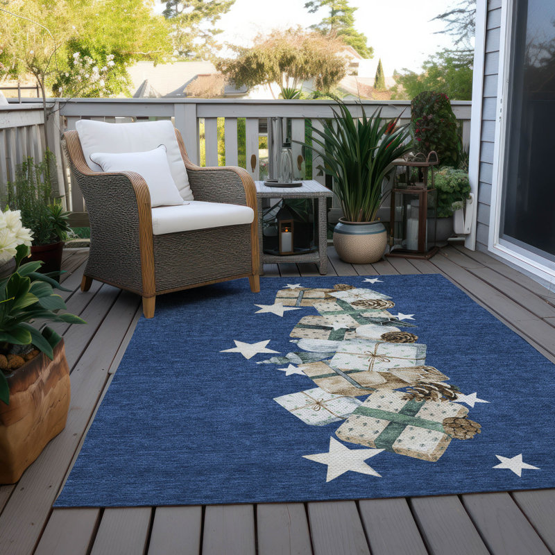 Machine Washable Indoor/Outdoor Christmas Presents Xhevrie Navy Rug, Rectangle 5' x 7'6"