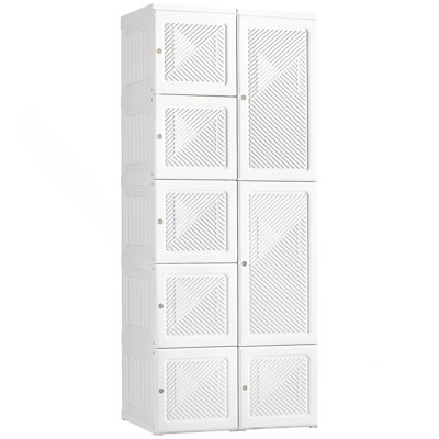 Portable Wardrobe Closet, Folding Bedroom Armoire, Clothes Storage Organizer With 8 Cube Compartments, Hanging Rod, Magnet Doors, White