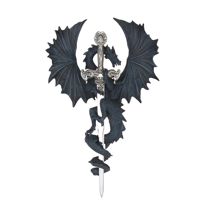 12"H Black Dragon with Sword Wall Plaque Decor