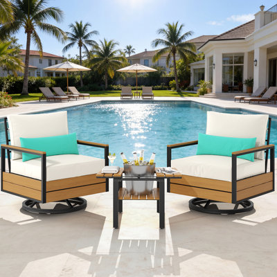 2-Person Patio Conversation Set, 3 Pieces Outdoor Seating Group With Swivel Chairs and Side Table