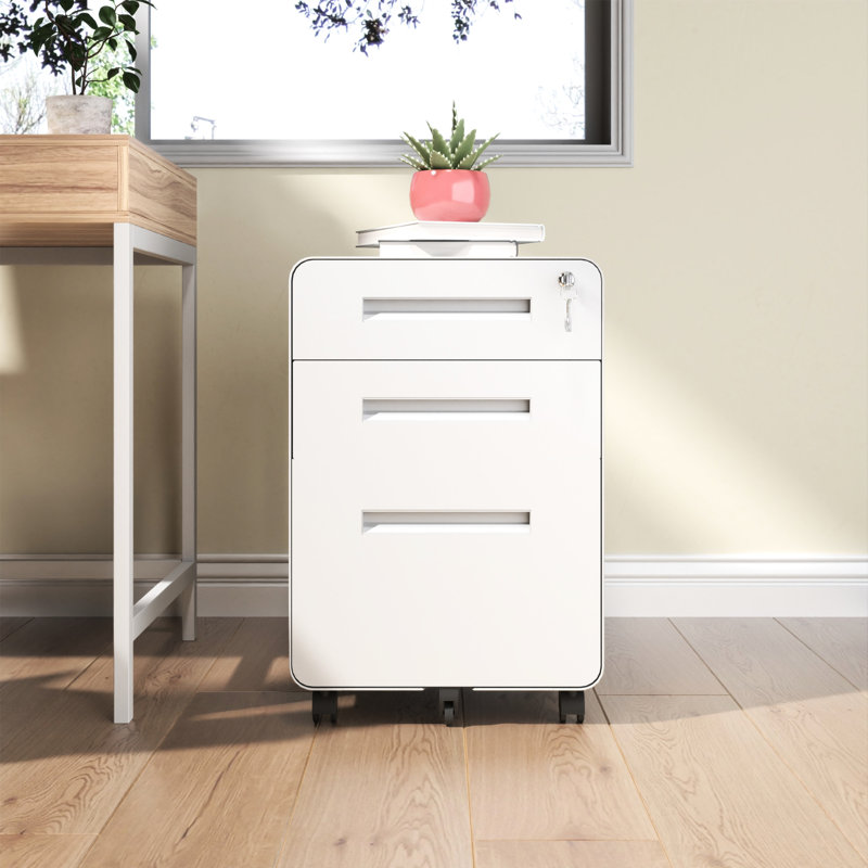 Classeur mobile blanc à 3 tiroirs avec serrure et, entièrement assemblé pour l'organisation du bureau, permet de ranger des dossiers de format A4 / lettre, fonction de verrouillage, grand espace intérieur à 3 tiroirs, serrure, métal, sur le bureau, pour la sécurité