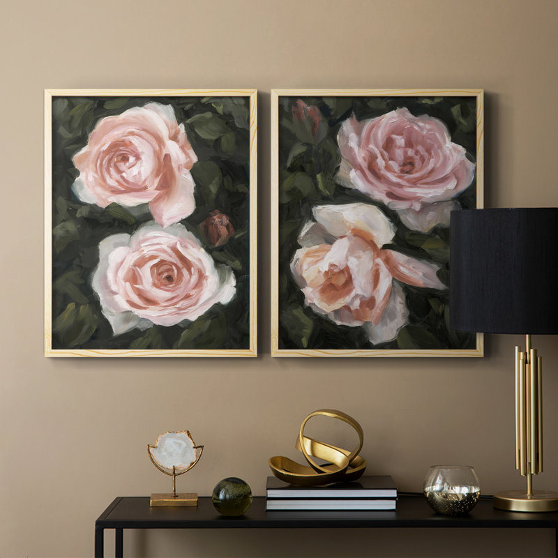 «Peachy Roses I», reproduction encadrée de qualité supérieure - prête à être accrochée - aucun clou requis - aucun clou requis