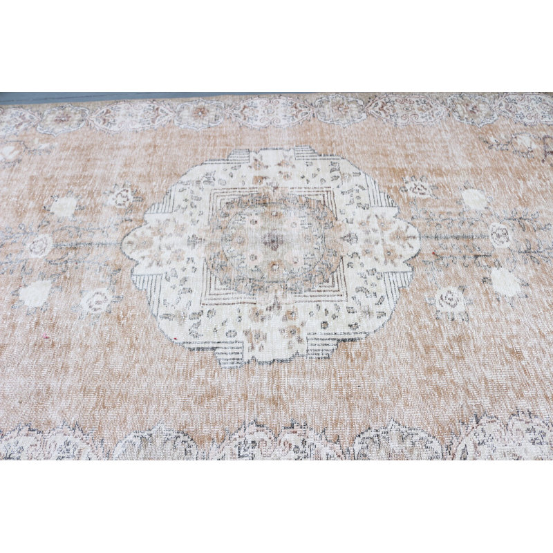 Grand tapis turc beige rétro en laine parfait pour la décoration intérieure et les espaces de vie surdimensionnés