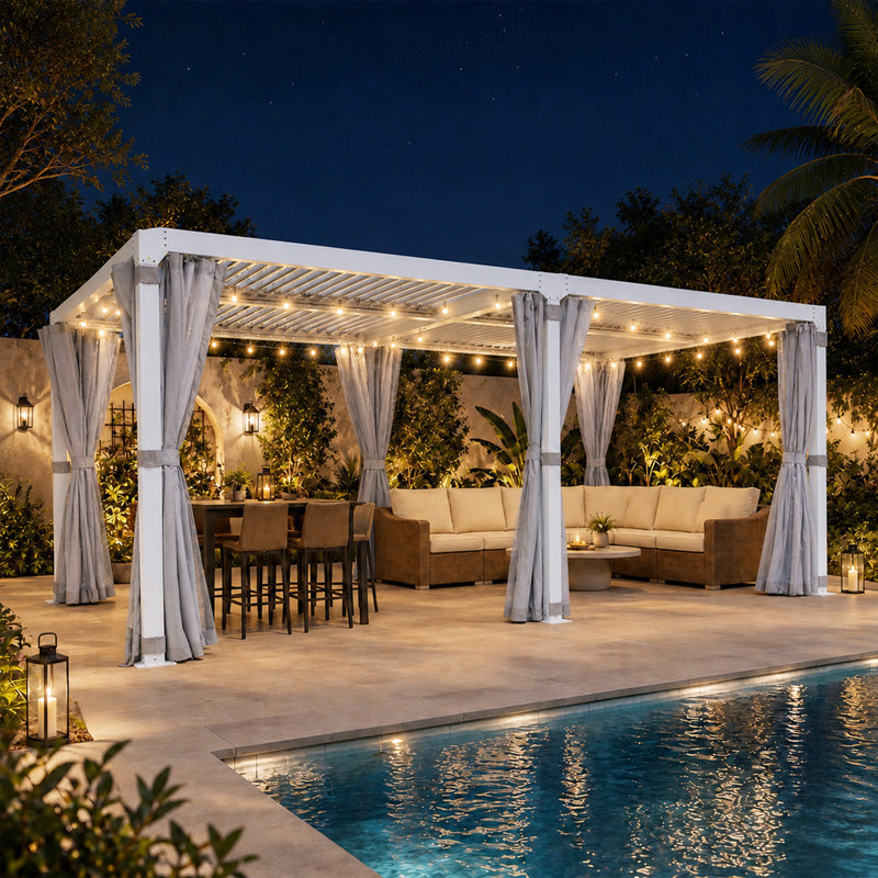 Pergola à persiennes Aurestead, pergola réglable en aluminium avec toits à persiennes indépendants, rideaux et moustiquaire
