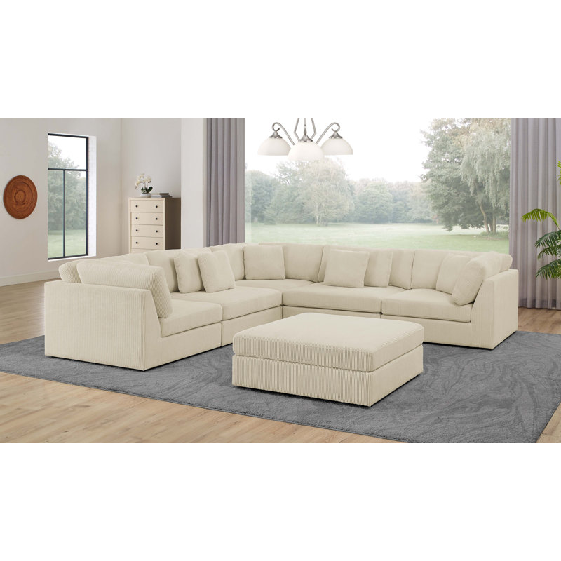 Budhan Corduroy L-Shaped Sectional, Beige Corduroy