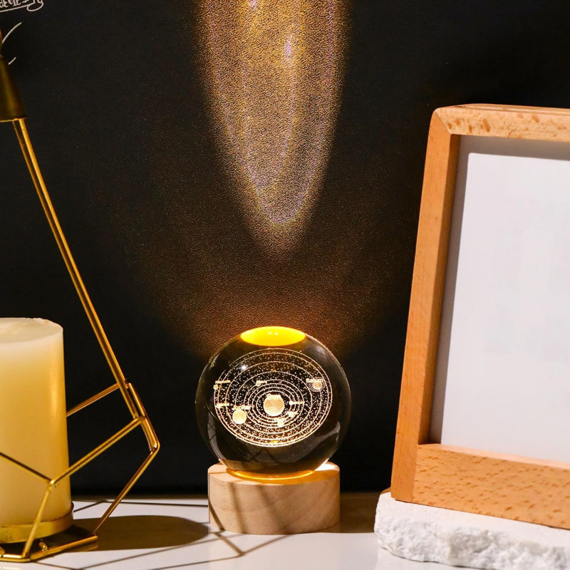 Lampe d'appoint boule de cristal K9 du système solaire avec base DEL en bois