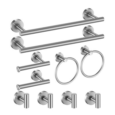 Ensemble de 10 accessoires de salle de bain en acier inoxydable SUS304, fini argent brossé, avec porte-serviettes, anneau porte-serviettes, porte-papier hygiénique et crochets pour peignoir, idéal pour la rénovation de votre salle de bain.