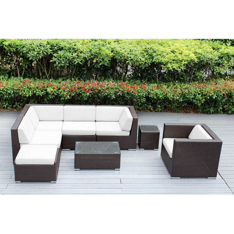 Ensemble de conversation en osier pour 6 personnes avec coussins - aucun assemblage, Brun foncé, Toile Sunbrella® naturel