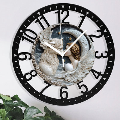 Horloge murale en métal pour le salon -10 po Loup ailé ange bisou clair de lune, œuf de nuit silencieux, à piles, horloges antiques pour maison de campagne, chambre à coucher, cuisine