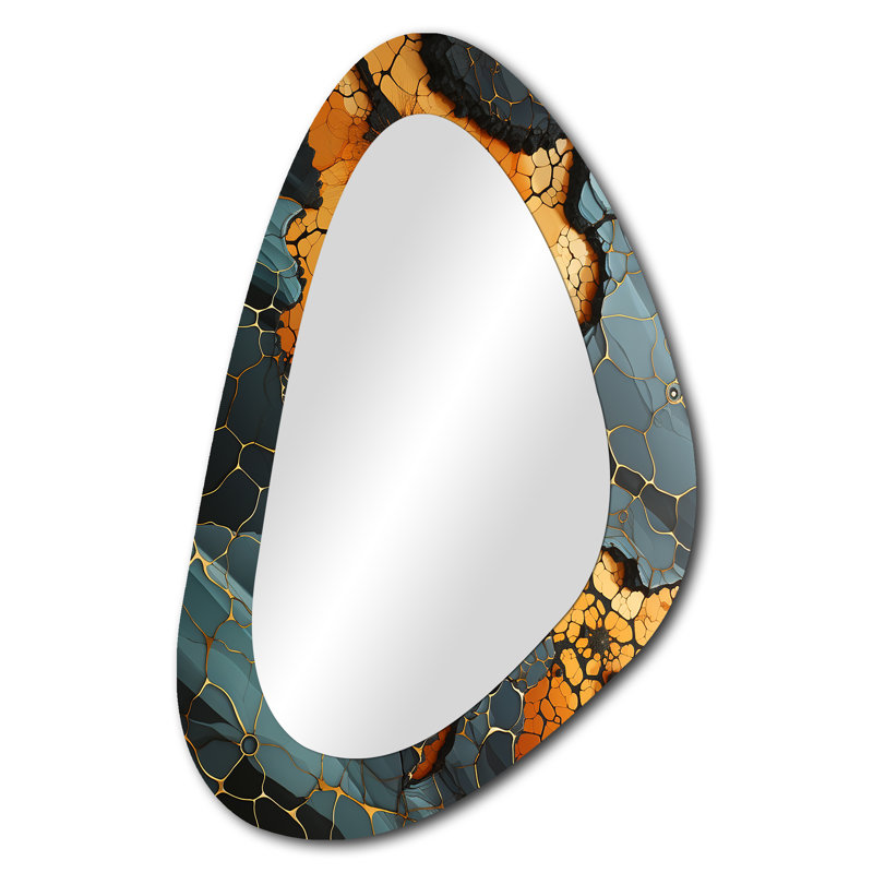 Centerton Marble yellow and black elegance III - Geometric Unique Shape Large Wall Mirror, Yellow Asymmetrical Decorative Mirror, Printed Metal Art