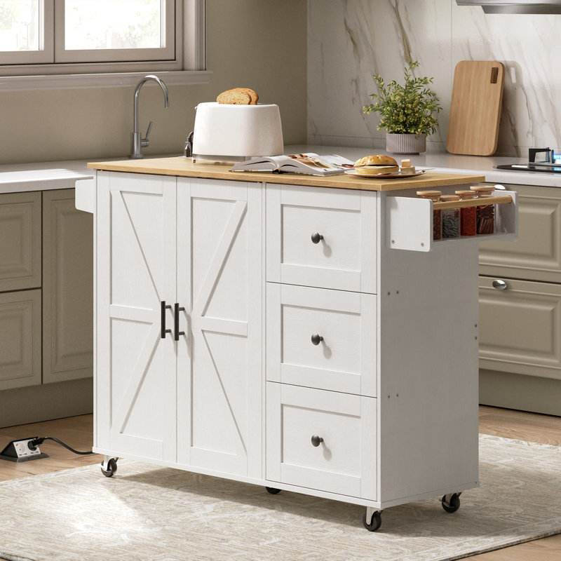 Mayrani 43" Rolling  Kitchen Island with Storage and Power Outlet, Natural/White