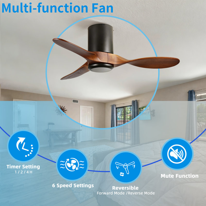 42 In. Black 3 Wood Blades Flush Mount Standard Ceiling Fan With Dc Motor And Remote