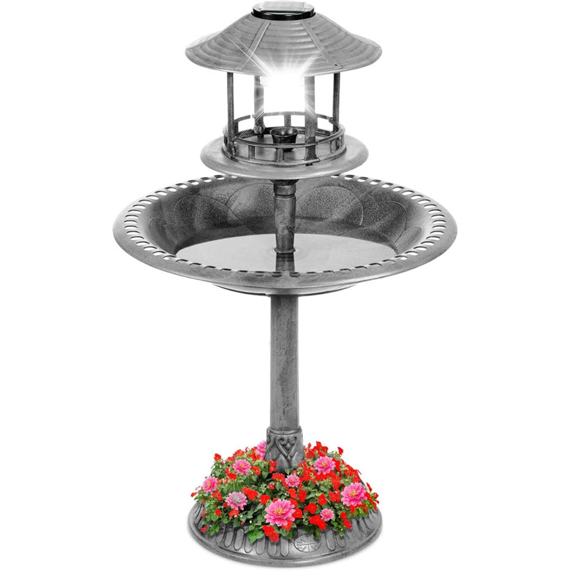 Stone Solar-Powered Bird Bath with Planter Base and Lamp