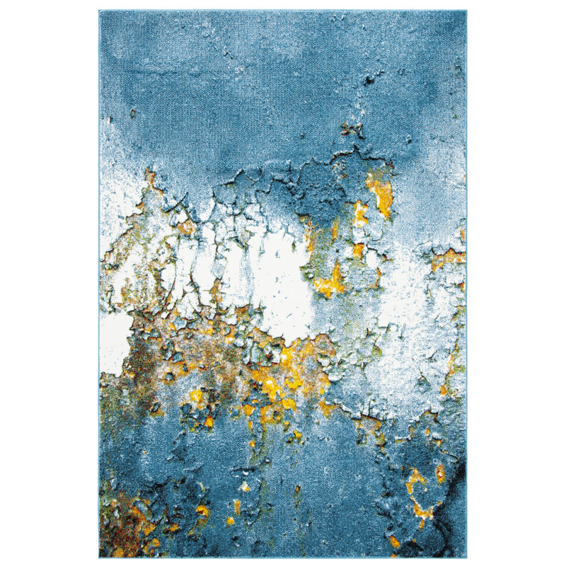 Tapis bleu / doré à motif abstrait Jaxen, Rectangle 4 pi x 6 pi