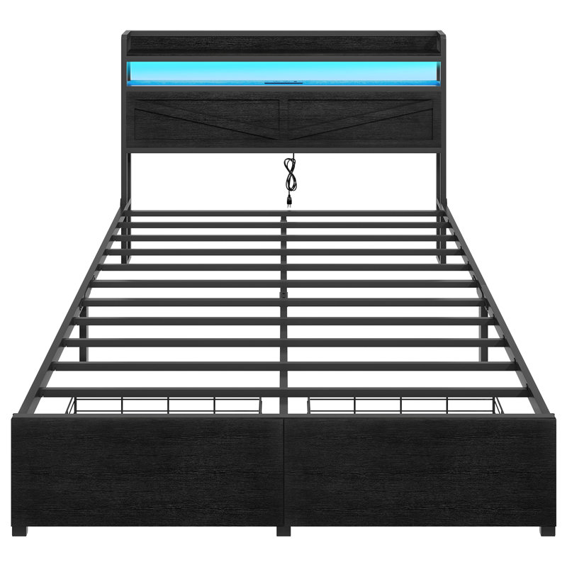 Bejo Metal Storage Bed Frame with LED Light and Charging Station, Queen
