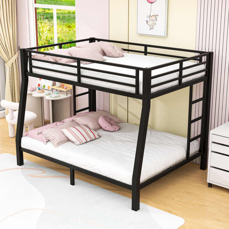 Metal Bunk Bed With Ladder And Guardrails, Black, Full XL Over Queen
