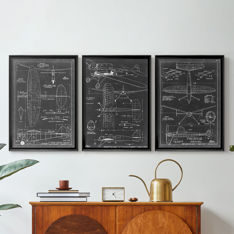 Aeronautic Blueprint I  -Custom Framed  Wrapped Gallery Canvas - 3 Pieces, Black, 21" H x 30" W