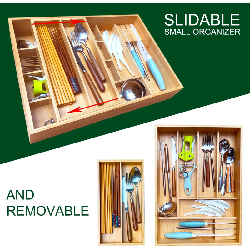 Double layer Bamboo Kitchen Drawer Organizer,Silverware & Cutlery Tray,With Slidable