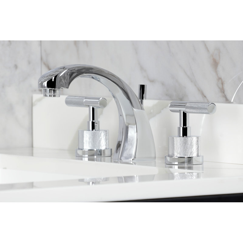 Kingston Brass Convergent Two-Handle 3-Hole Deck Mount Widespread Bathroom Faucet with Knurled Handle and Brass Pop-Up Drain