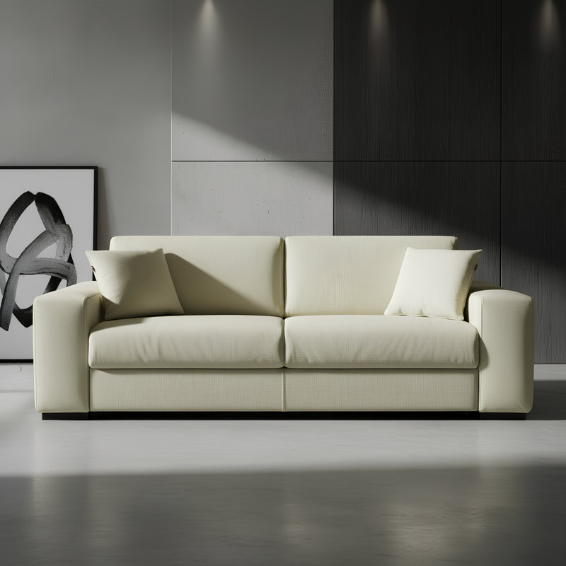 Canapé-lit à accoudoirs carrés avec matelas en mousse à mémoire de forme Mo 88 po Mo, Cuir fleur italien véritable gris clair
