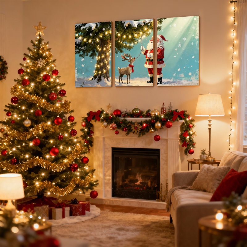 Noël, père Noël et renne dans la forêt d'hiver, ensemble de 3 impressions sur toile, H 18 po x l 36 po