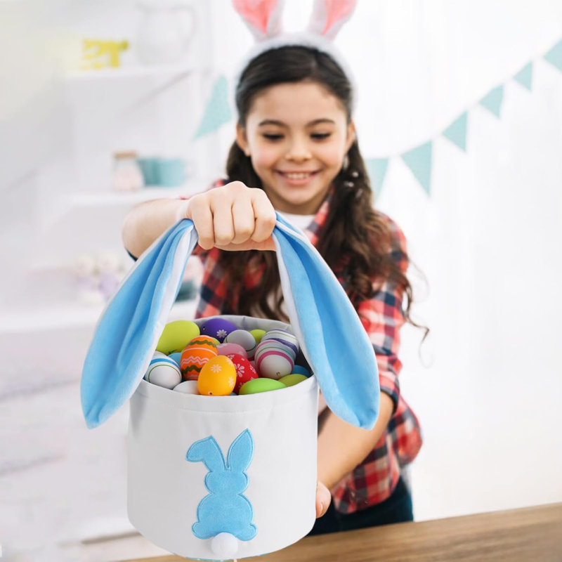 Panier de lapin de Pâques avec sac de chasse et œufs, sac en toile pour lapin (A-Bleu)