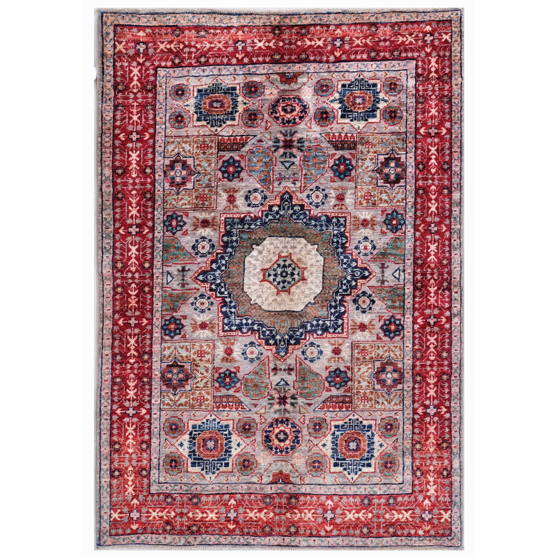 Tapis argent et rouge noué à la main de haute qualité
