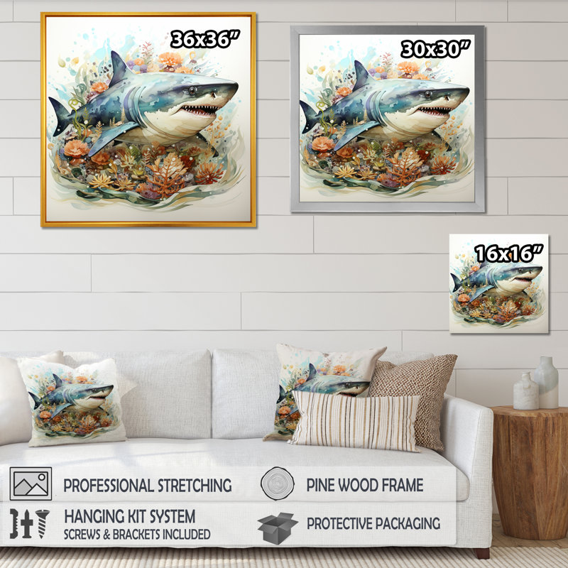 Curious Shark Ocean Blooms I - Shark Wall Art, 36" H x 36" W x 1.5" D, Black Single Picture Framed