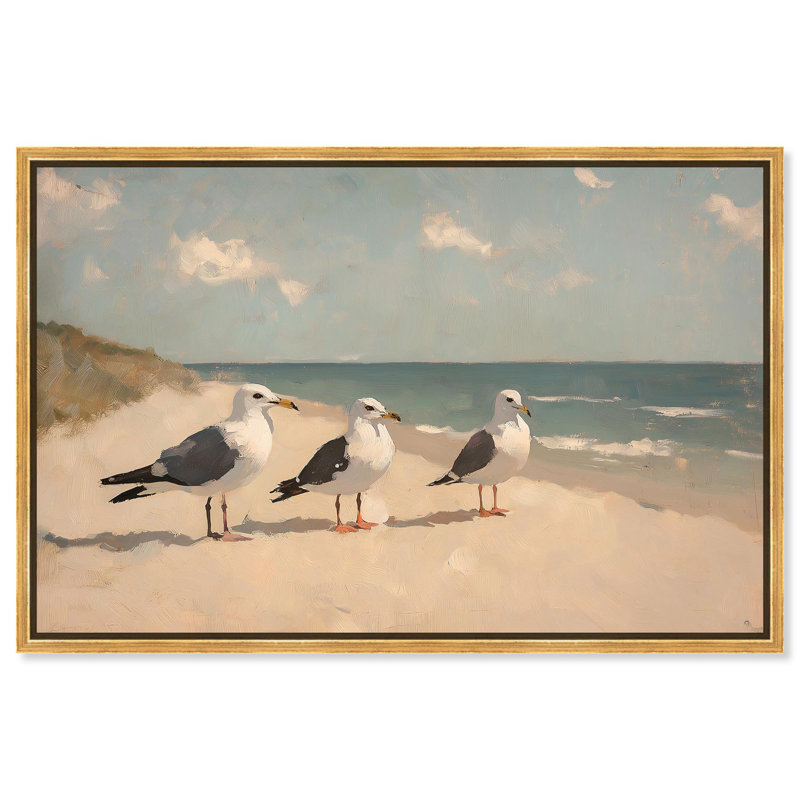 «Seagulls at the Beach I», art côtier par Art Remedy, H 11 po x l 16 po, Cadre flottant doré