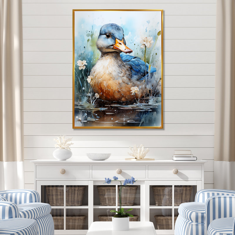 «Blue Duck», aquarelle, Cadre flottant doré, 32" H x 24" W