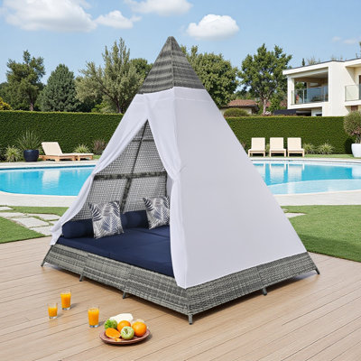 90.5" Outdoor Wicker Sunbed With Tent Curtains & Colorful Pillows - Adjustable Privacy Design, 700 Lb Capacity, Weather-resistant For Poolside, Patio by Ebern Designs