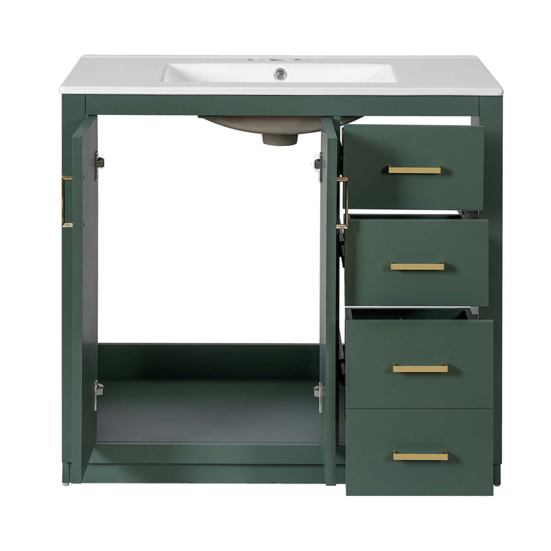 Meuble-lavabo 36 po avec lavabo en céramique, structure en bois massif, 3 tiroirs et portes à fermeture douce pour styles modernes et rétro