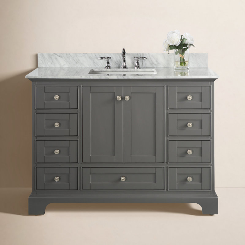 Audrey 48'' W Single Vanity, Sapphire Gray/Brushed Nickel, Carrara White Marble