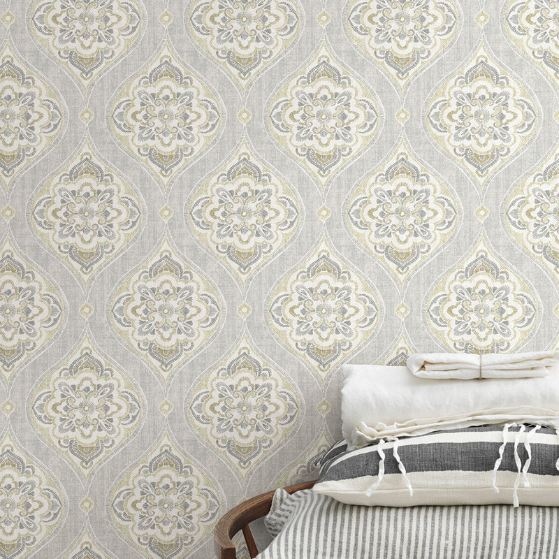 Adele Damask Wallpaper Roll, Light Gray, 33'