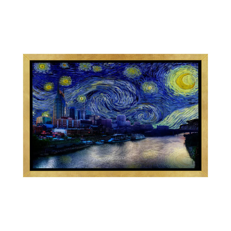 Nashville, Tennessee, nuit étoilée, impression d'art graphique, H 40 po x l 60 po x 1,5 po, Toile encadrée d'or