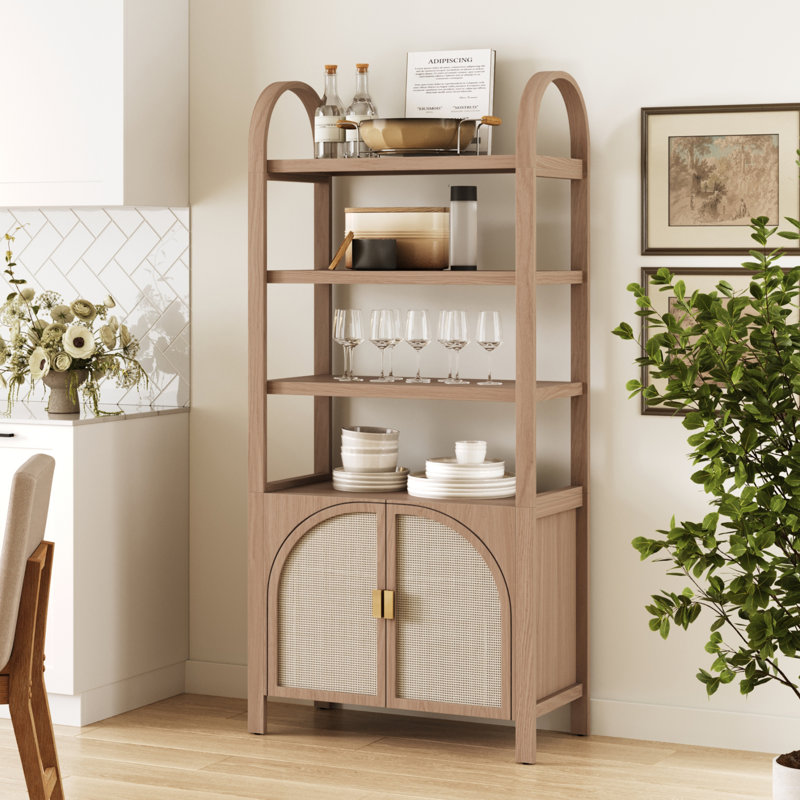 Coetzee Boho 3-Shelf Bookshelf Cabinet With Rattan Doors, Raw Oak