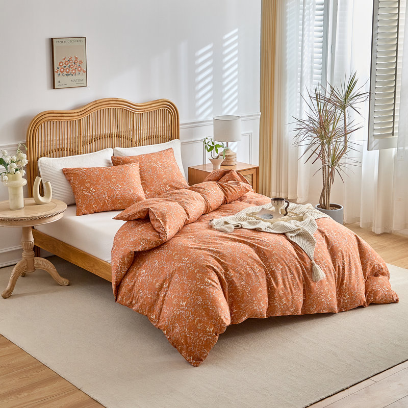 3-Piece  100% Cotton Wildflower Pattern Duvet Cover Set, Queen Duvet Cover + 2 Standard Pillowcases, Caramel