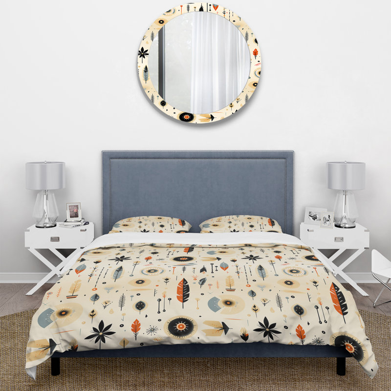 Beige Urban Nomadic Feathers Pattern I Polyester Floral Duvet Cover Set, Twin Duvet Cover + 1 Standard Sham