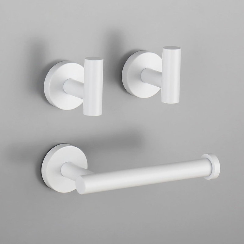 3-Piece Bathroom Hardware Set - Premium SUS 304 Stainless Steel Toilet Paper Holder & 2 Coat Hooks - Modern White Finish With Hidden Mounting Screws
