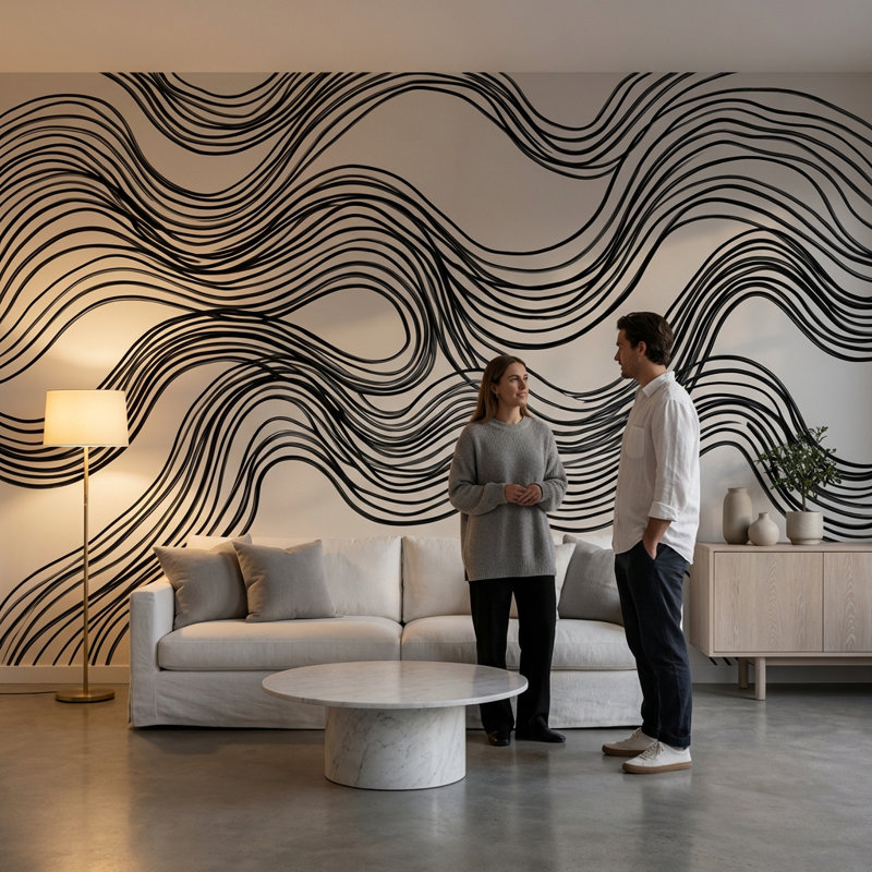Papier peint à motif de vagues, lignes noires et minimaliste, 140"x108", Peler et coller