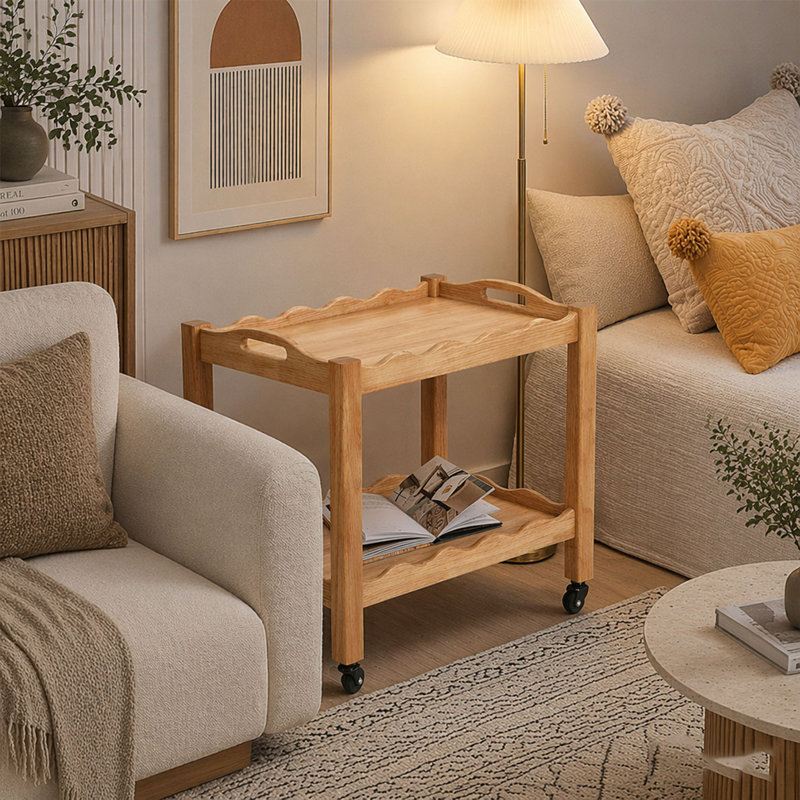 Table d'appoint roulante en bois d'hévéa massif, 2 niveaux avec roues verrouillables et plateau amovible, robuste et durable