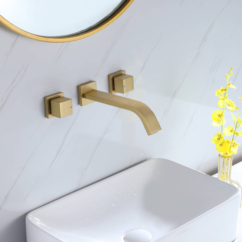 Robinet de lavabo de salle de bain mural, 3 trous, robinet de salle de bain à deux poignées, robinets de meuble-lavabo moderne à large entraxe, robinets en laiton massif doré brossé avec valve