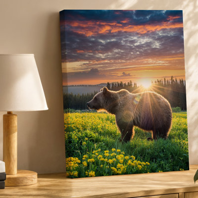 Canvas A Majestic Bear Stands Prominently In A Vibrant Field Its Wall Art Thick Fur Shimmering With Warm Hues Of A Breathtaking Sunset Canvas Wall Art
