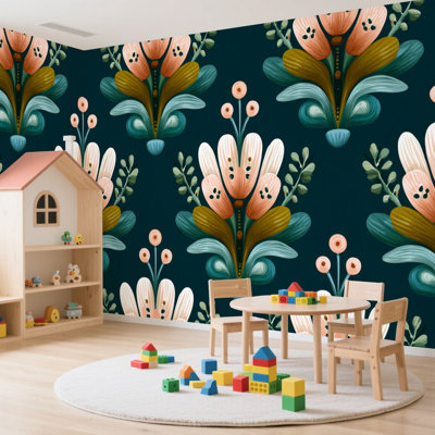 Papier peint adhésif pelez et collez, silhouette d'hibiscus de fleurs sans soudure, art botanique mural dessiné à la main, auto-adhésif et amovible