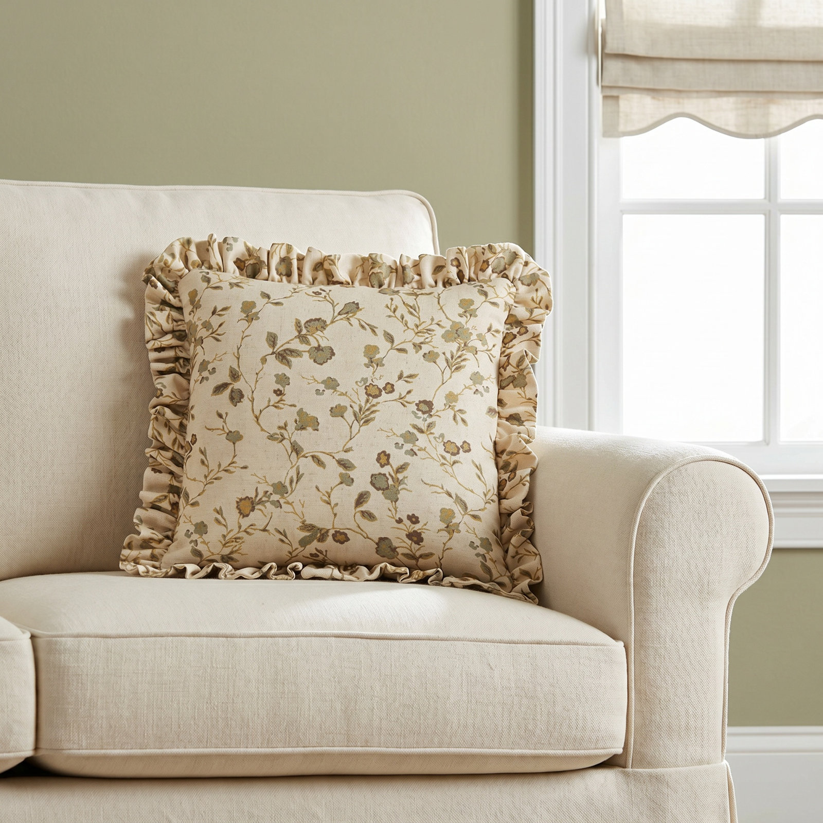 The Basket House Striped Linen Throw Pillow, Polyester, Ruffled Square 18"